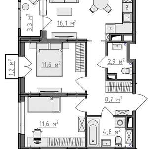 2-к квартира, вторичка, 58м2, 3/9 этаж