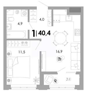 1-к квартира, вторичка, 40м2, 2/17 этаж