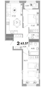 2-к квартира, вторичка, 63м2, 13/17 этаж