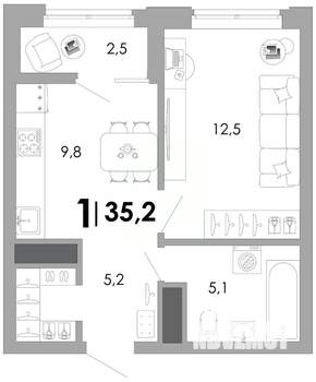1-к квартира, вторичка, 35м2, 16/17 этаж