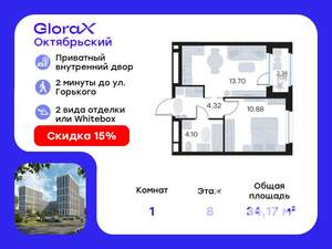 1-к квартира, вторичка, 34м2, 8/17 этаж