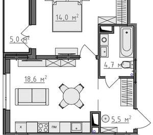 1-к квартира, вторичка, 45м2, 7/9 этаж