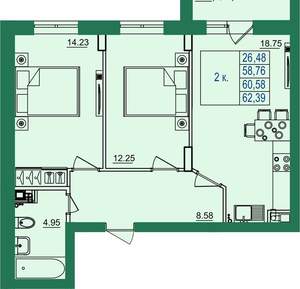 2-к квартира, вторичка, 61м2, 4/8 этаж