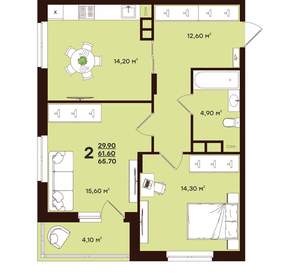 2-к квартира, вторичка, 66м2, 3/17 этаж