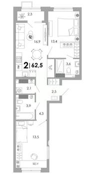 2-к квартира, вторичка, 63м2, 14/16 этаж