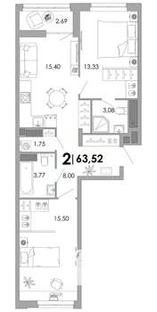 2-к квартира, вторичка, 64м2, 14/17 этаж