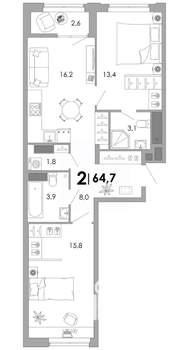 2-к квартира, вторичка, 65м2, 4/17 этаж