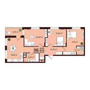 3-к квартира, строящийся дом, 90м2, 6/17 этаж