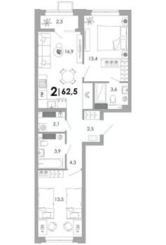 2-к квартира, вторичка, 63м2, 3/16 этаж