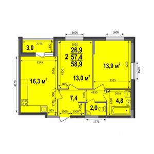 2-к квартира, строящийся дом, 59м2, 1/17 этаж
