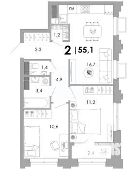 2-к квартира, вторичка, 55м2, 6/16 этаж