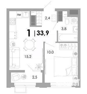 1-к квартира, вторичка, 34м2, 12/16 этаж