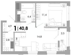 1-к квартира, вторичка, 41м2, 12/16 этаж