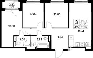 3-к квартира, вторичка, 70м2, 9/17 этаж