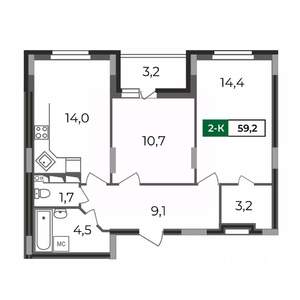 2-к квартира, строящийся дом, 59м2, 2/17 этаж