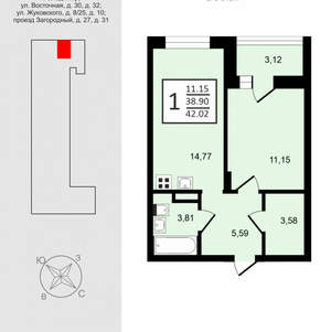 1-к квартира, вторичка, 42м2, 7/9 этаж