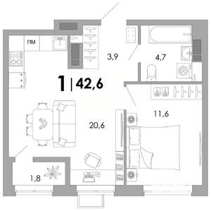 1-к квартира, вторичка, 43м2, 14/16 этаж
