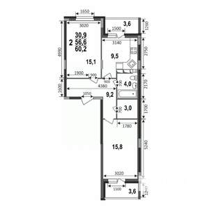 2-к квартира, строящийся дом, 60м2, 15/17 этаж