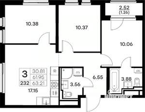 3-к квартира, вторичка, 63м2, 4/17 этаж