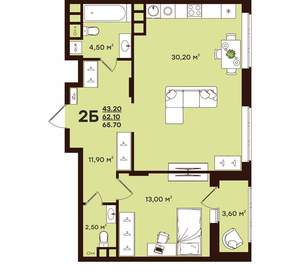 2-к квартира, вторичка, 66м2, 6/17 этаж