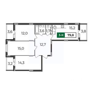 3-к квартира, строящийся дом, 80м2, 12/17 этаж