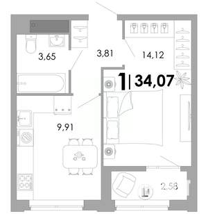 1-к квартира, вторичка, 34м2, 16/17 этаж