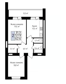 2-к квартира, вторичка, 63м2, 12/14 этаж