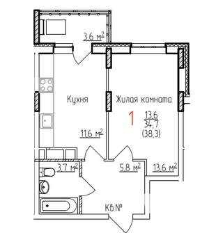 1-к квартира, строящийся дом, 38м2, 8/17 этаж