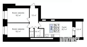 2-к квартира, вторичка, 62м2, 1/14 этаж