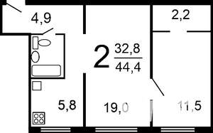 2-к квартира, вторичка, 44м2, 5/5 этаж