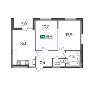 2-к квартира, строящийся дом, 58м2, 7/17 этаж