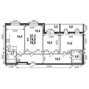 3-к квартира, вторичка, 78м2, 1/17 этаж
