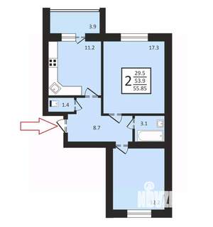 2-к квартира, вторичка, 56м2, 1/4 этаж