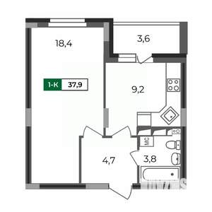 1-к квартира, строящийся дом, 38м2, 9/17 этаж