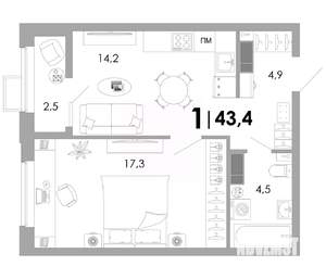1-к квартира, вторичка, 43м2, 7/16 этаж