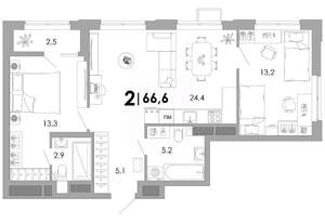 2-к квартира, вторичка, 67м2, 12/16 этаж