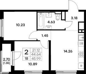 2-к квартира, вторичка, 46м2, 3/17 этаж