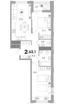 2-к квартира, строящийся дом, 63м2, 14/17 этаж