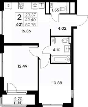 2-к квартира, вторичка, 51м2, 4/17 этаж