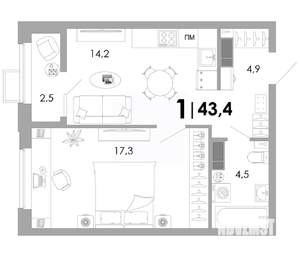 1-к квартира, вторичка, 43м2, 6/16 этаж