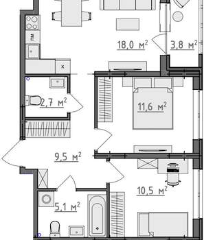 2-к квартира, вторичка, 59м2, 1/9 этаж