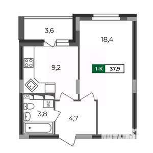 1-к квартира, вторичка, 38м2, 15/17 этаж