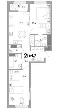2-к квартира, строящийся дом, 65м2, 8/17 этаж