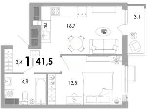1-к квартира, вторичка, 42м2, 12/16 этаж