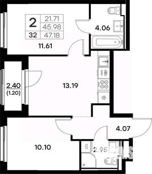 2-к квартира, вторичка, 47м2, 4/17 этаж