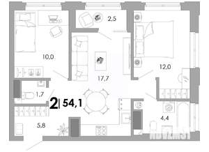 2-к квартира, вторичка, 54м2, 16/17 этаж