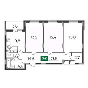 3-к квартира, строящийся дом, 80м2, 2/17 этаж