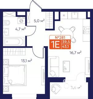 1-к квартира, вторичка, 41м2, 7/9 этаж