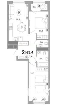 2-к квартира, строящийся дом, 63м2, 4/17 этаж