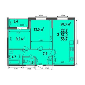2-к квартира, сданный дом, 59м2, 1/17 этаж